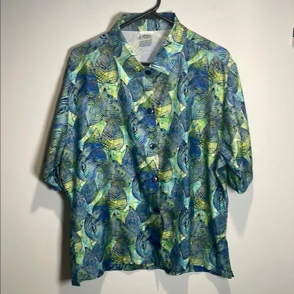 100% Tencel Tropical Hawaiian Shirt Blue Green Button Down Men L - Picture 2 of 9